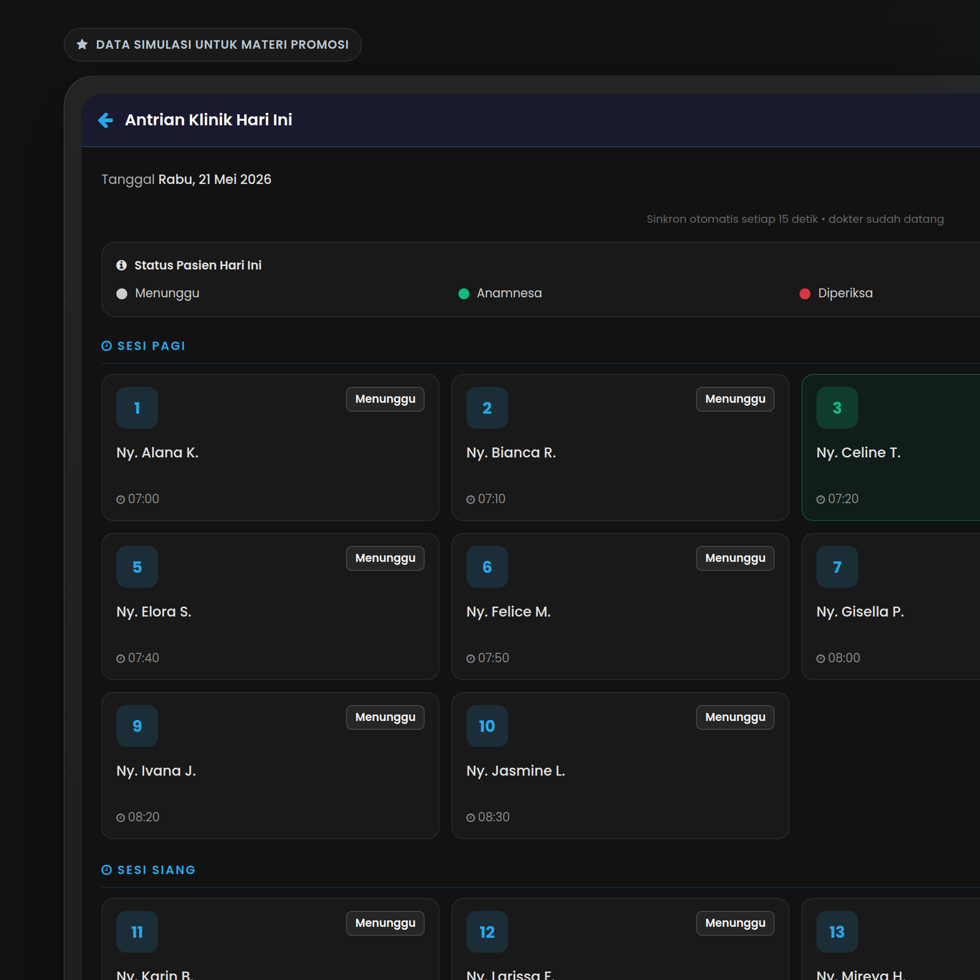 Preview Antrian Live dengan data simulasi